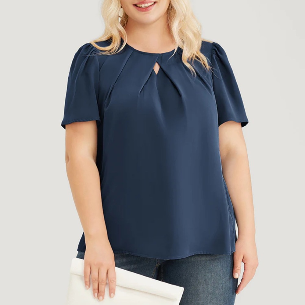 Solid Pleated Detail Keyhole Puff Sleeve BlouseNWT